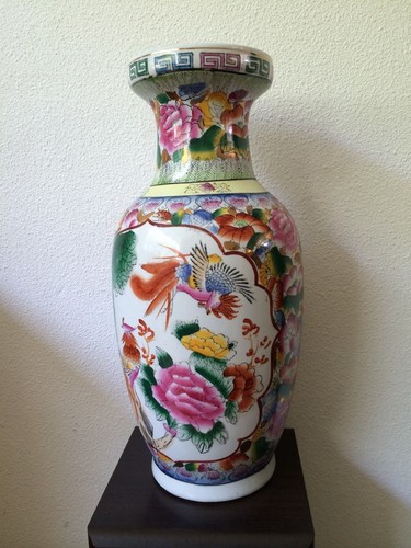 Grand Vase Ancien Chinois – Oiseaux Et Fleurs – Porcelaine, 42 Cm – Vers 1900-1940