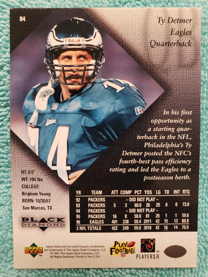 1997 UPPER DECK BLACK DIAMOND TY DETMER #84 PHILADELPHIA EAGLES  - Image 3 of 4