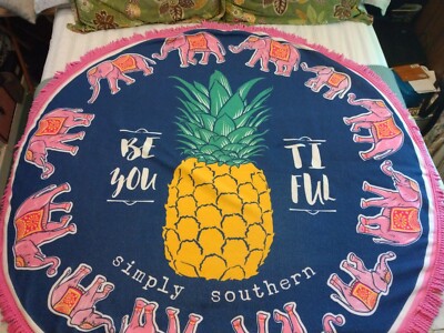   Simply Southern Round Beach Towel Pineapple Elephant Design 58'' Pink Fringe 