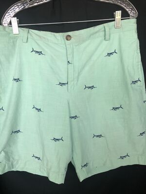 CHAPS Men's Size 36 Marlin Sailfish Print Flat Front Walking Shorts Green W Blue