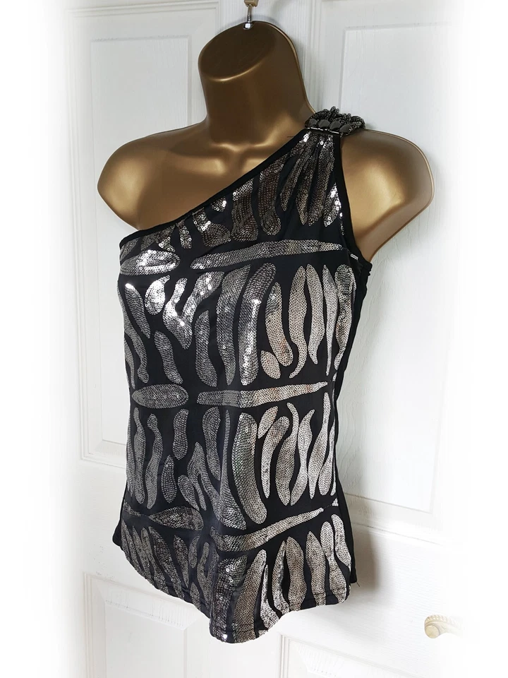 Black & Silver Sequin Metal Braid One Shoulder Top, Size 10 - VGC - Image 4 of 4