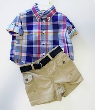 Ralph Lauren Baby Boys Plaid Shirt  Belted Cargo Shorts Set Blue Multi Sz 3M