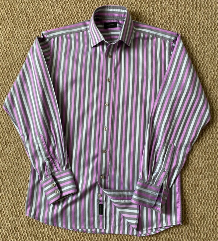 DUCHAMP PEWTER / PINK MULTI STRIPE BUTTON CUFF SHIRT 16 - Image 2 of 4