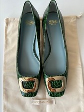 Frances Valentine Mary Mini Block Heel Croco Emboss Green Leather Pumps 7B-NWB