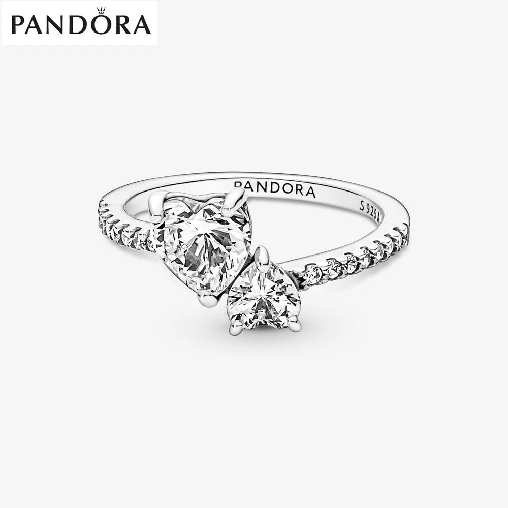 ALE S925 Genuine Silver Pandora Double Heart Sparkling Ring With Gift Box