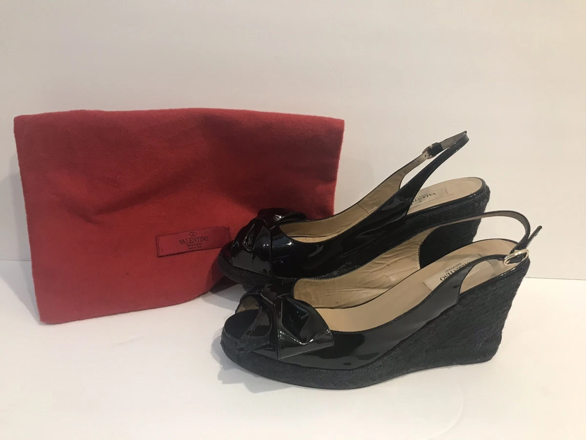 Valentino Black Patent Leather Bow Espadrille Wedge Size 39 With
