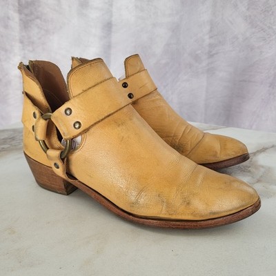Frye Ray Harness Back-Zip Distressed Ankle Boots Beige Women's Size 7.5 M