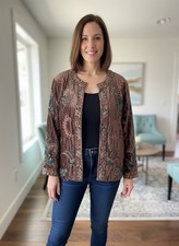 Chico s Size 3 US 16 Brown Velour Silk Jacket w/Sequins Studs