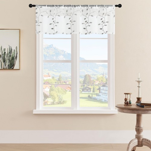 Sheer Voile Curtain Valances 2 Panels, Leaves Embroidered Valance Curtains Ro...