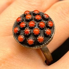 Vintage Zuni Native Snake Eye Coral Dome Silver Ring Size 8.25
