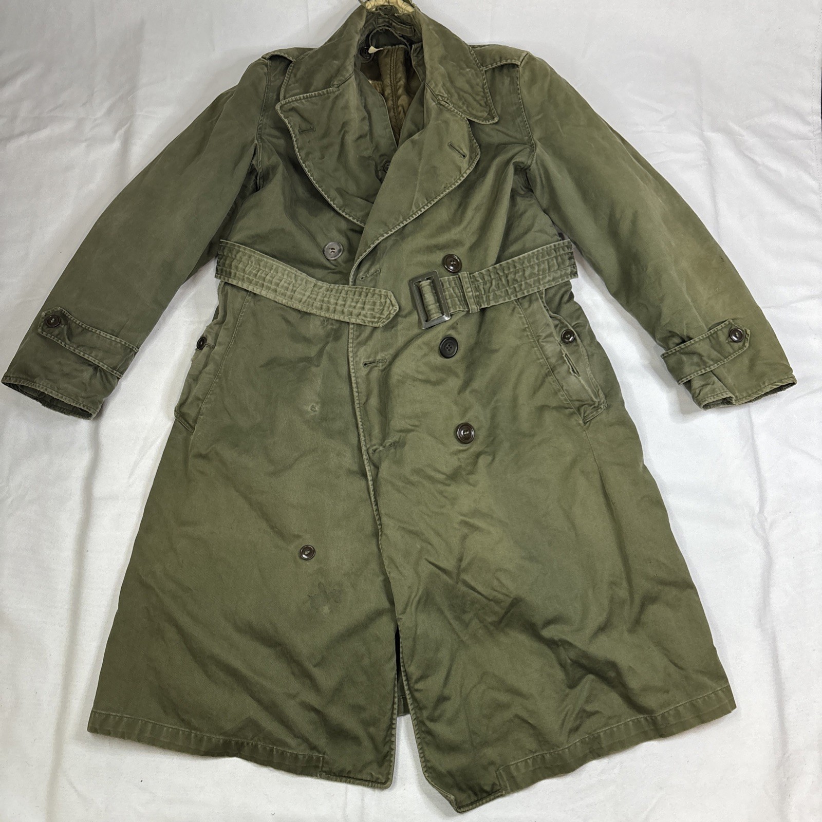 Vintage US Military Issue Army Green Trench Coat Mens Short Small Liner Belt