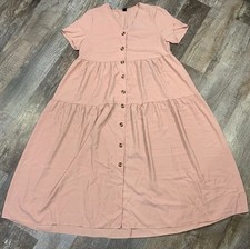 Shein Women’s Blush Pink XL Tiered Midi Dress Babydoll Boho Button Front Flowy