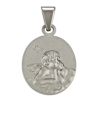 925 Silver Angel Pendant Guardian Angel Sandblasted Oval 14mm with Diamond 0.005