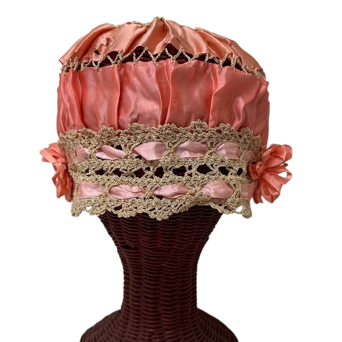 Antique 1920s Peach Silk Boudoir Cap Crochet Lace Edwardian Flapper Hat AS IS Antique 1920s Boudoir Cap in Pink Silk With Bow Motif and  main image 3