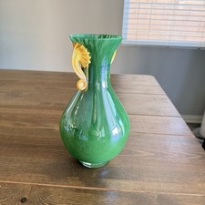 Green Murano Glass Vase with Yellow Handles Made In Italy Vintage