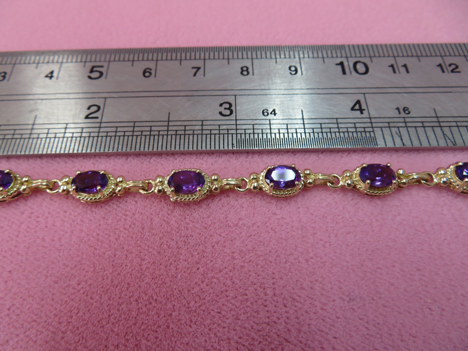 10K Solid Yellow Gold Link Amethyst Bracelet 6 7/… - image 5