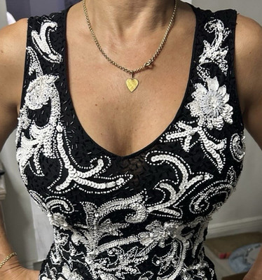 Cache Vintage Beaded Floral Top Women Black & White Sequin Embellished Glam Sz S