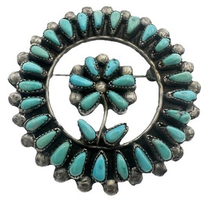 VTG Sterling Silver 925 Zuni Style Petit Point Turquoise Floral Old Pawn Brooch