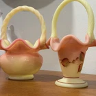 Pair Of Vintage Fenton Burmese Baskets Uranium Glow