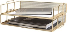 Gold Desk Organizer Letter Tray 2 Tier - Metal Mesh Inbox Paper File Tray Office