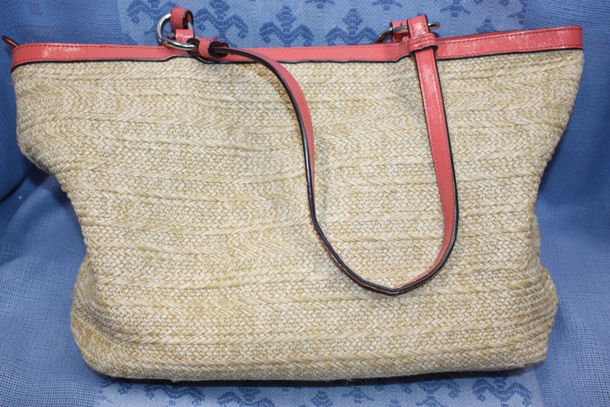 EUC Coach Straw Floral Appliqué Tote SV/Natural~ F29861