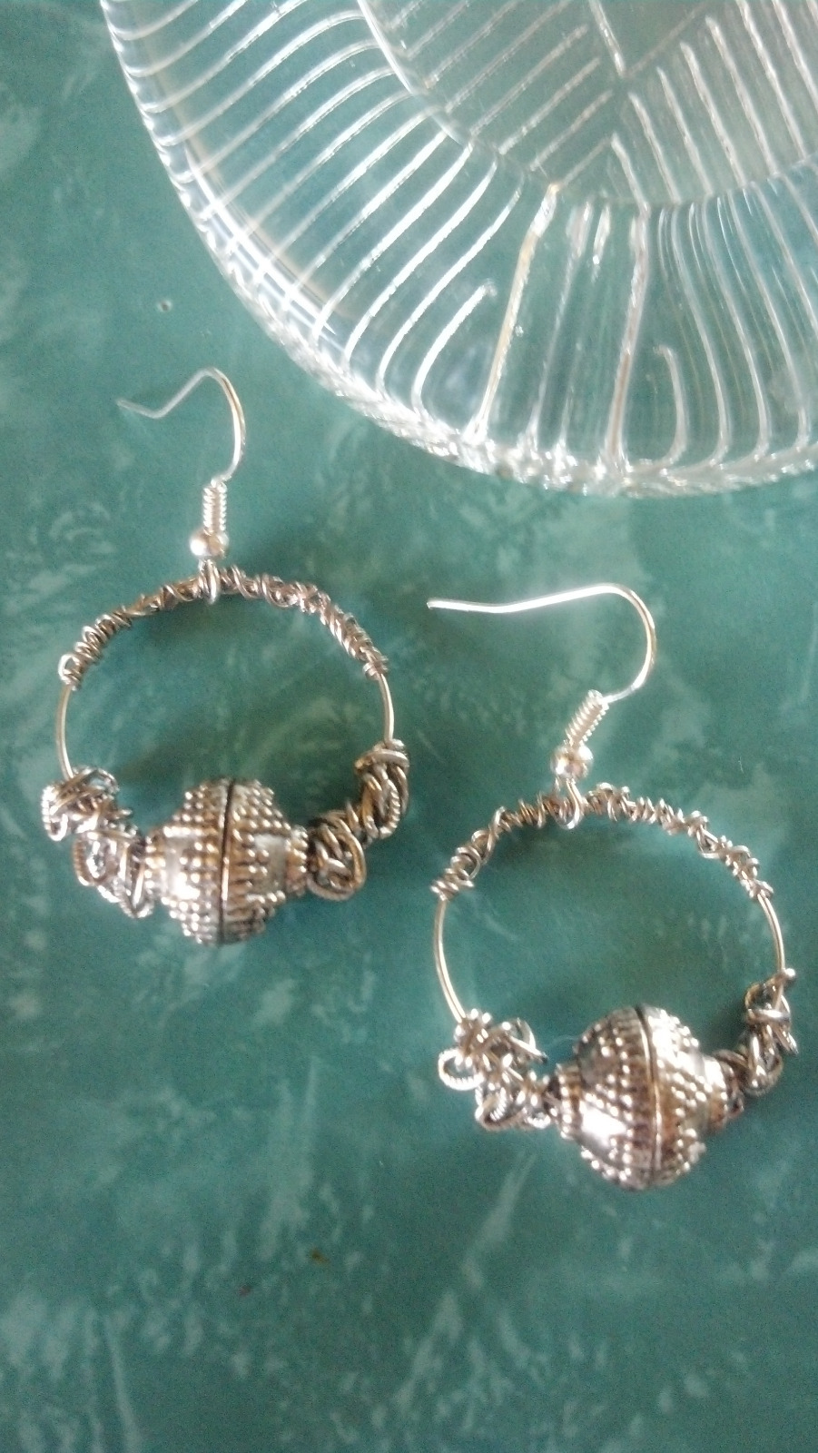 Handmade silver-plated hoop earrings with chain, metal beads, and wire wrap hooks-image