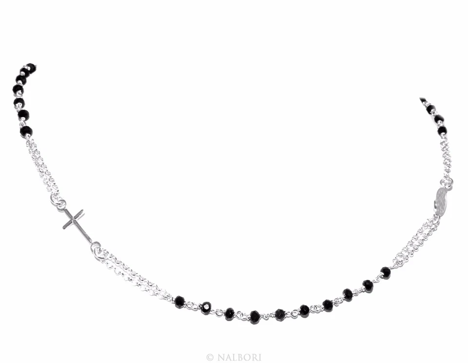 collana argento 925 rosario girocollo nero croce uomo donna Madonna Miracolosa - Immagine 3 di 4