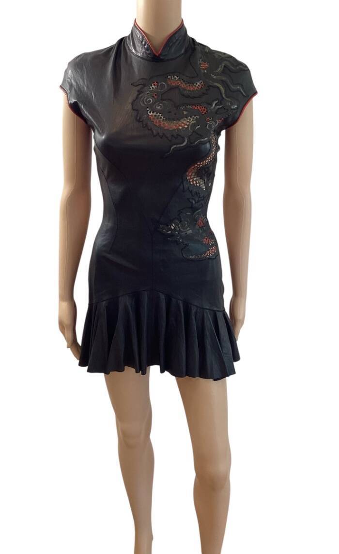 Image of ROBERTO CAVALLI S/S 2003 RUNWAY LEATHER CUTOUT DRAGON MINI DRESS