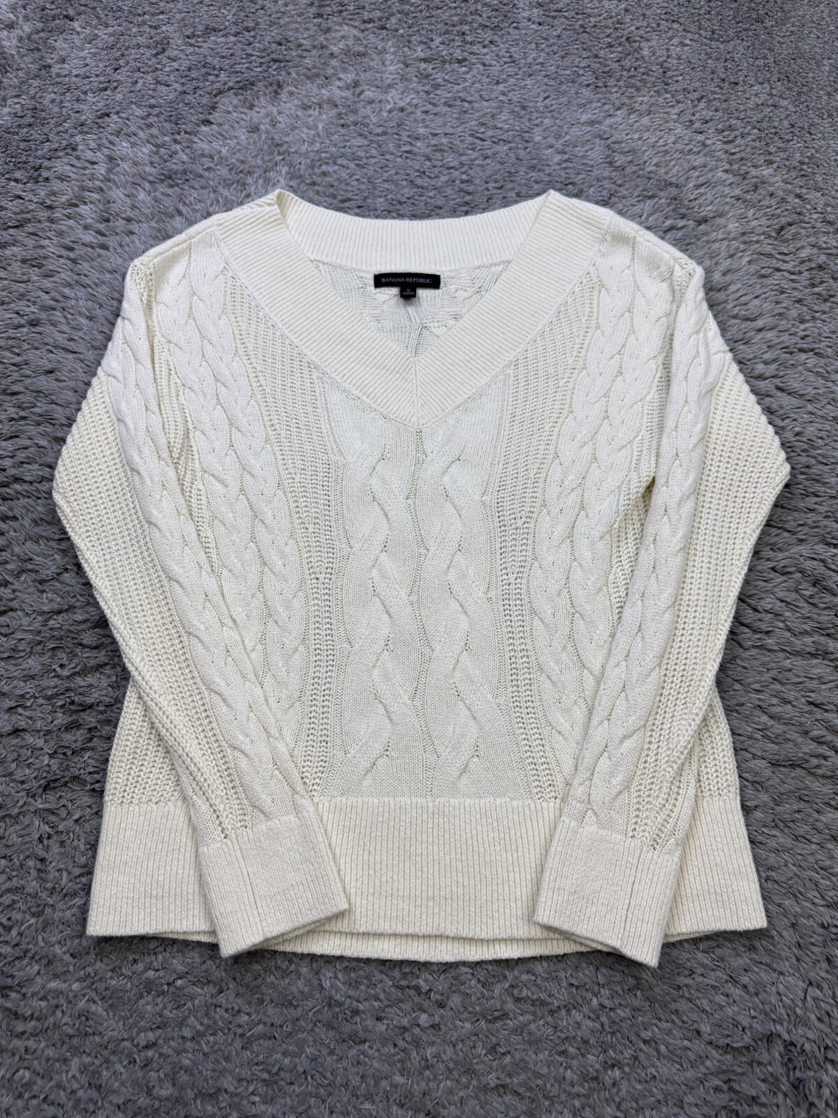 Banana Republic Sweater Women Small Ivory Hemp Blend Chunky Cable Knit Fisherman