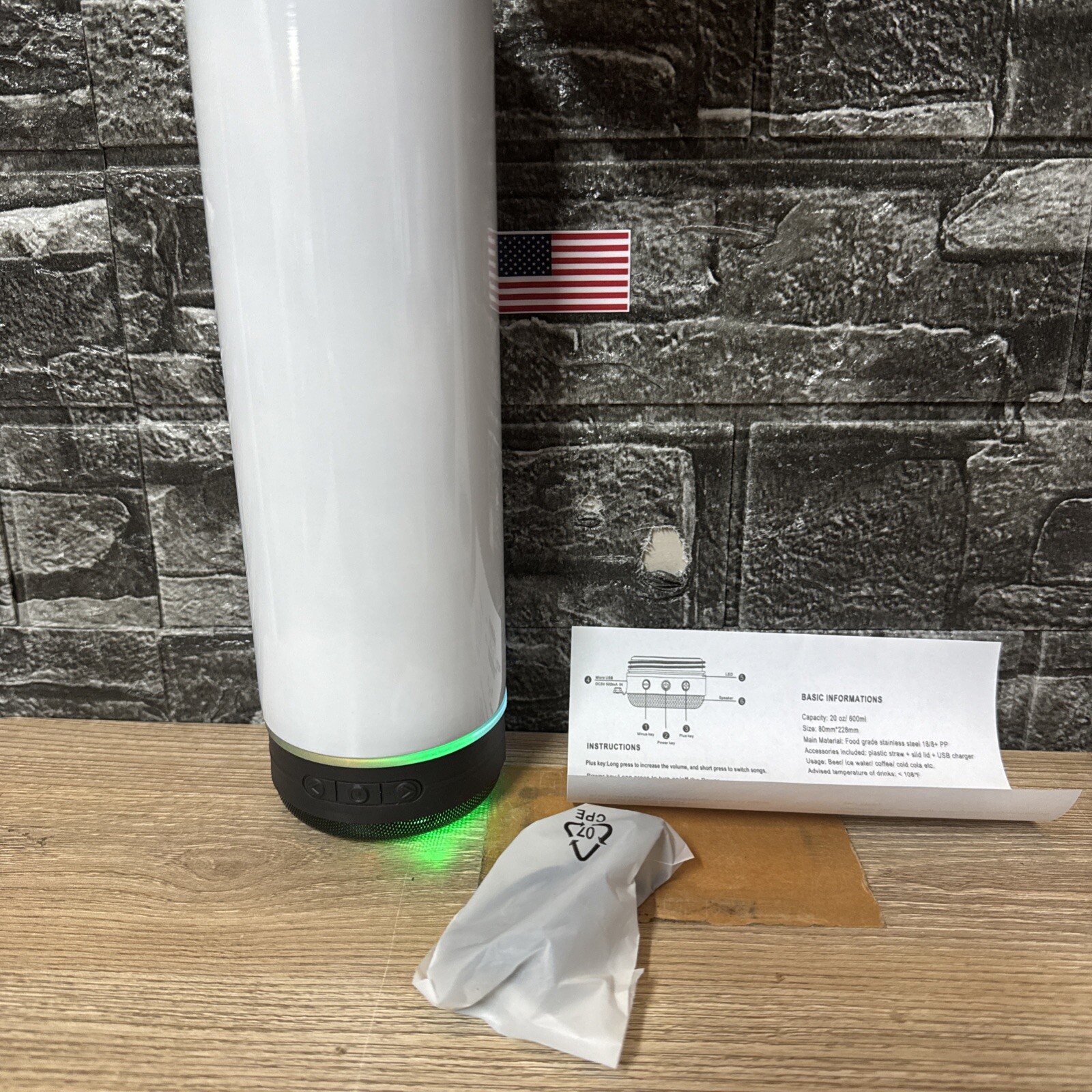 20 Oz White Stainless Steel Water Bottle With Light Up RGB B