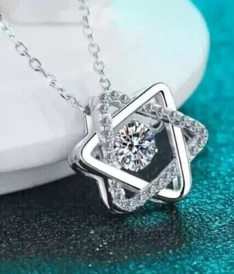 Round Cut Simulated Diamond Fancy Star Pendant Chain In 14k White Gold Plated