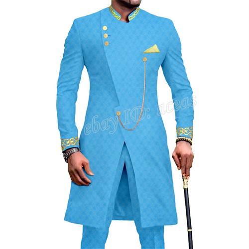 Men African Suits Partt Embroidery Jacket and Pants 2 Piece Set Formal Outfits - Picture 3 of 36