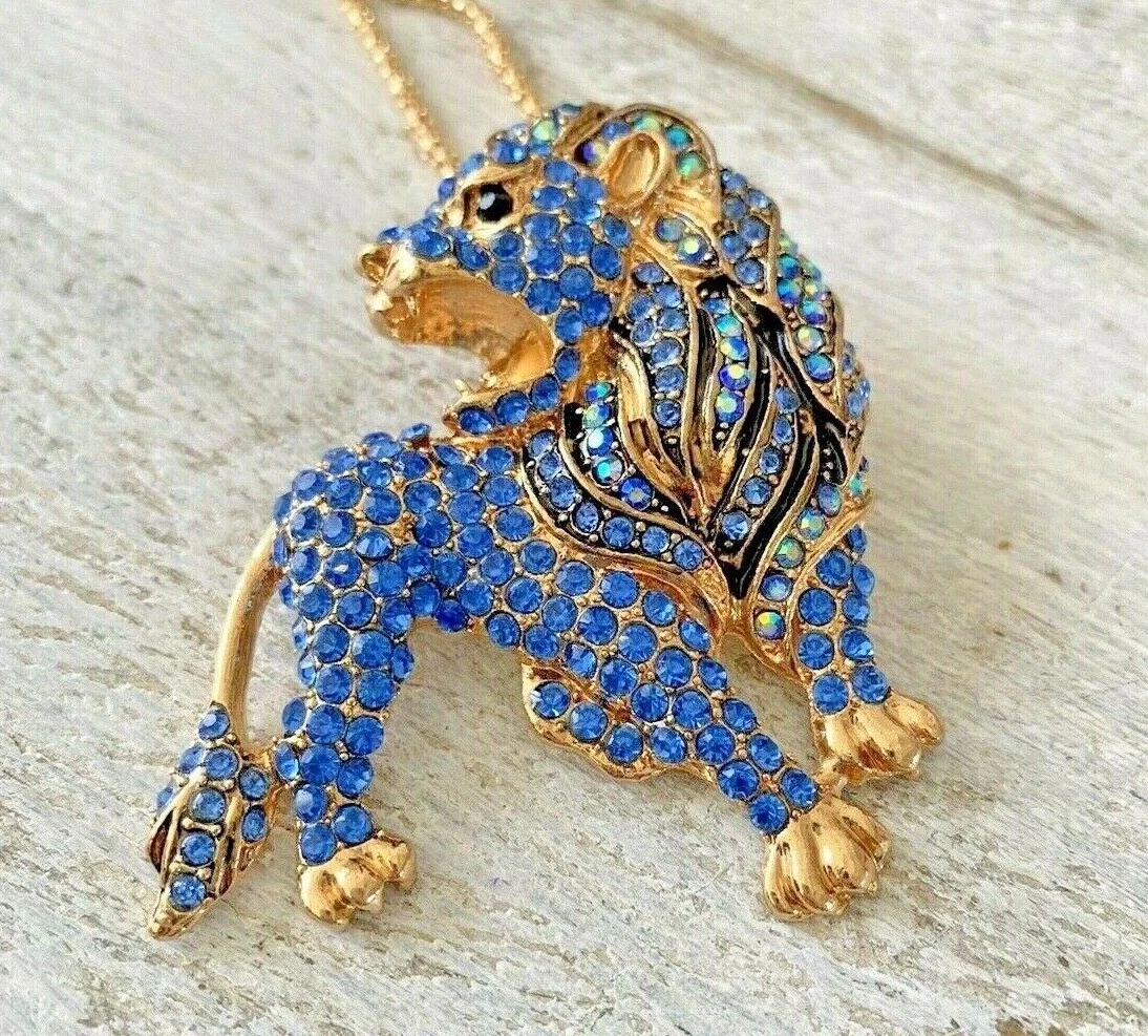 Betsey Johnson Blue Rhinestone Lion Fashion Statement Runway Brooch Necklace