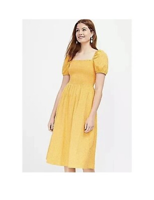 LOFT Smocked Puff Sleeve Pocket Midi Dress Small Golden Yellow