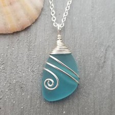 Hawaiian Jewelry Sea Glass Necklace, Top Wire Turquoise Necklace Blue Necklace,