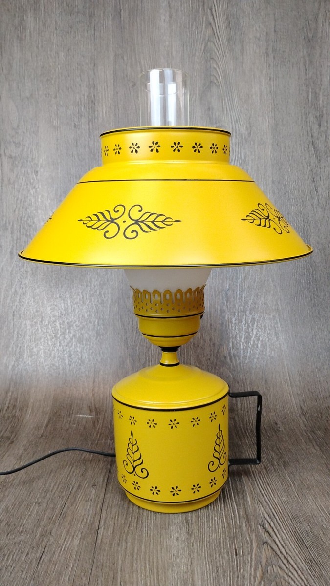 27” Vintage Toleware Mustard Yellow Metal Table Lamp MCM Desk