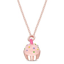 Amour Rose plated Sterling Silver Enamel Cupcake Pendant With Chain