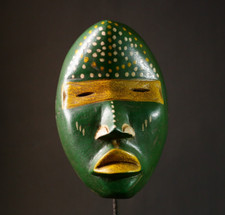 African Dan Mask Green Face Carved Wood Yellow Eyes Tribal Art Liberia Dec-G3298