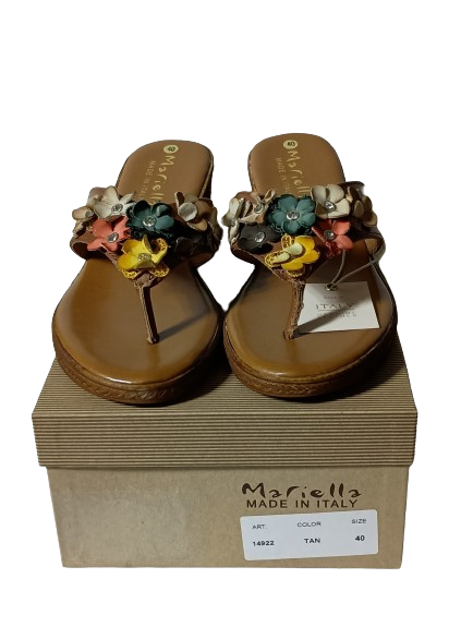 Mariella Women's Floral Wedge Thong Leather Sandals Size 9 Tan