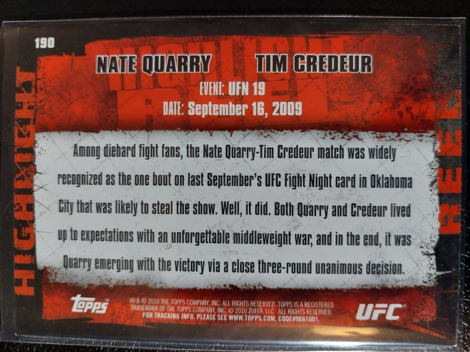 Nate Quarry Tim Creduer #190 2010 Topps UFC Thick Gold Parallel - Image 2 of 2