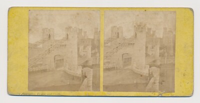 Stereoview c1860s Conway Conwy Suspension Bridge and Castle North Wales