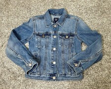 GAP Denim Jacket Girls Sz M Blue Button Front Jean Trucker Flap Pockets