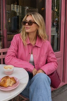 Worth Bubblegum Pink Leather Blazer Jacket Size 14 Butter Soft Quiet Luxury 90s