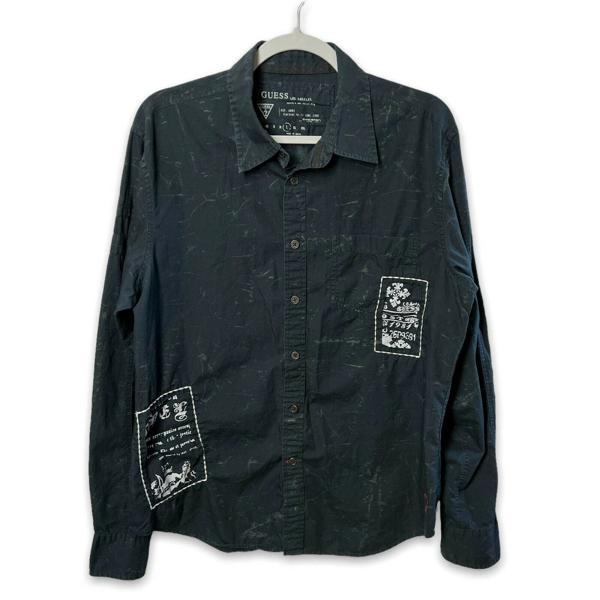 Camisa con botones Guess Sound Invasion TALLA L negra retazos algodón envejecido