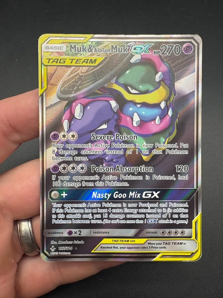 2019 Pokemon—Muk & Alolan Muk GX (Full Art) #197/214 Unbroken Bond—UR Foil (DMG) - Image 1 of 2