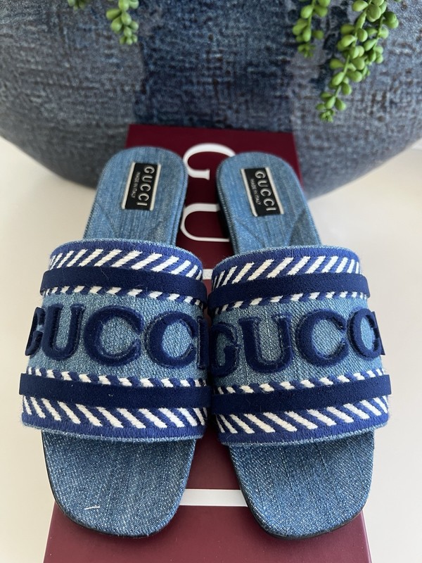 Gucci Jane Logo Embroidered Slide Sandal Denim Light Blue Size 37.5