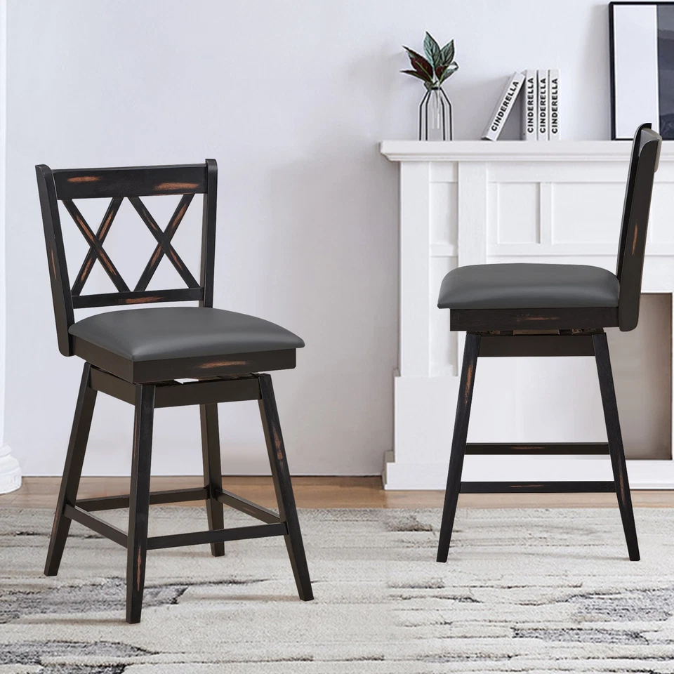Costway Set of 2 Barstools Swivel Counter Height Chairs w/Rubber Wood Legs Black - Image 3 of 4