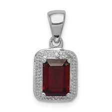 Silver Rhodium Emerald-cut Garnet & Diamond Pendant QDX640