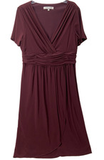 Evan Picone Faux Wrap Dress-Size 16-Maroon Ruched Waist Short Sleeve A Line