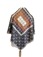Vintage 70s Geometric Silk Scarf Charcoal Rust Orange Cream Mod Square A2